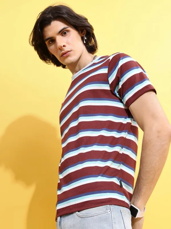  Ketch Men Maroon Striped Round Neck T-Shirts