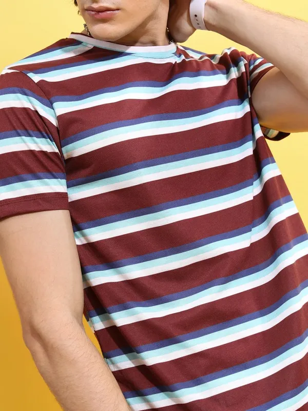  Ketch Men Maroon Striped Round Neck T-Shirts