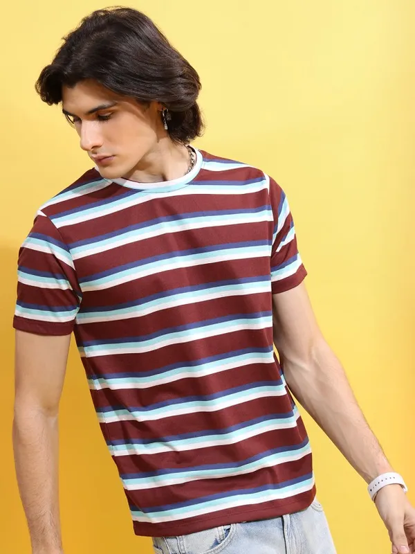  Ketch Men Maroon Striped Round Neck T-Shirts