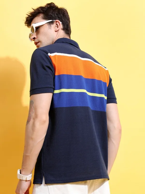 Highlander Men Navy Blue Striped Polo Collar Polo T-Shirts
