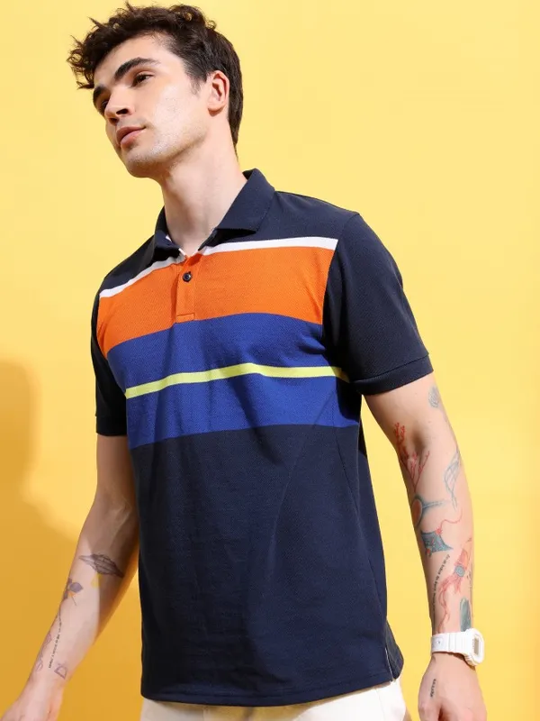  Highlander Men Navy Blue Striped Polo Collar Polo T-Shirts