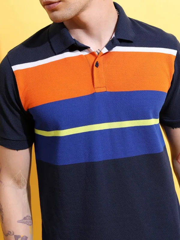  Highlander Men Navy Blue Striped Polo Collar Polo T-Shirts