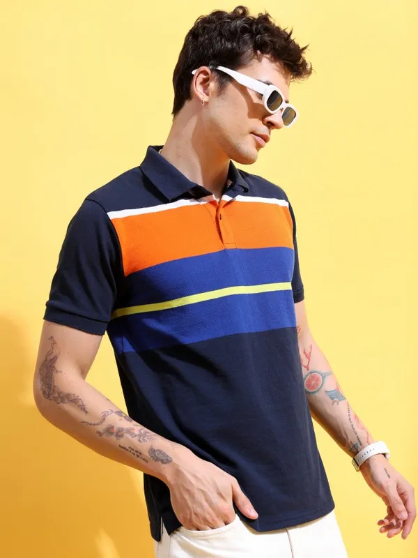  Highlander Men Navy Blue Striped Polo Collar Polo T-Shirts