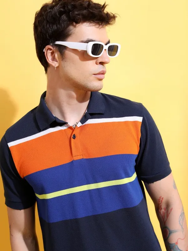  Highlander Men Navy Blue Striped Polo Collar Polo T-Shirts