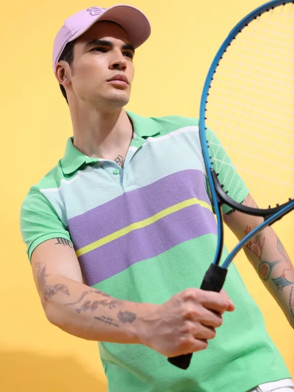  Highlander Men Green Striped Polo Collar Polo T-Shirts