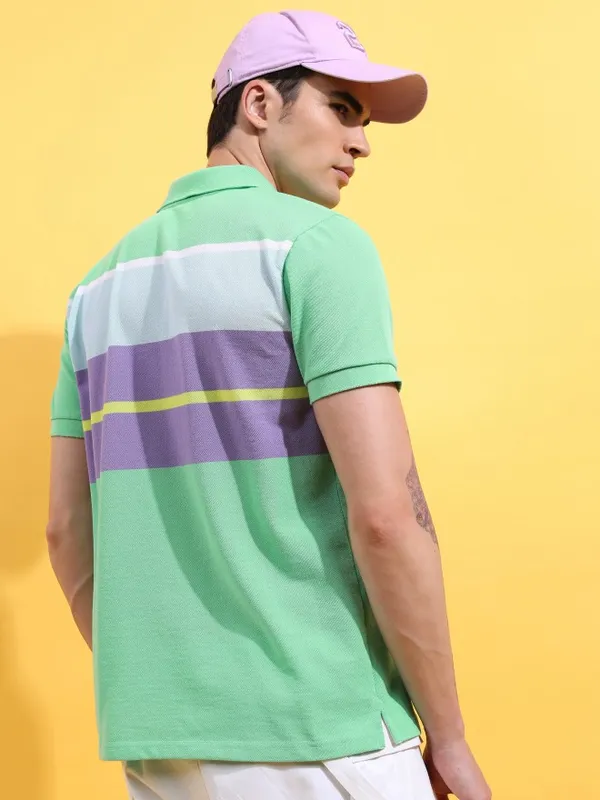  Highlander Men Green Striped Polo Collar Polo T-Shirts