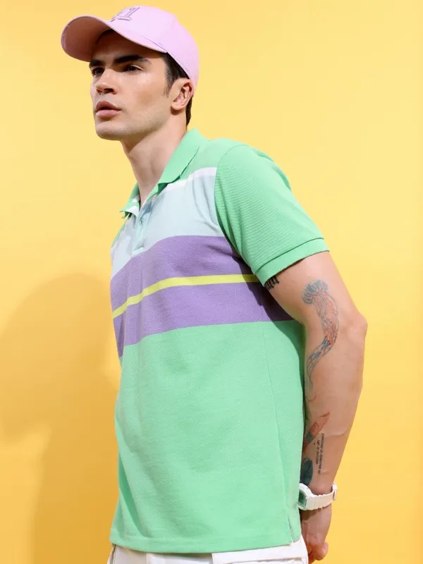  Highlander Men Green Striped Polo Collar Polo T-Shirts