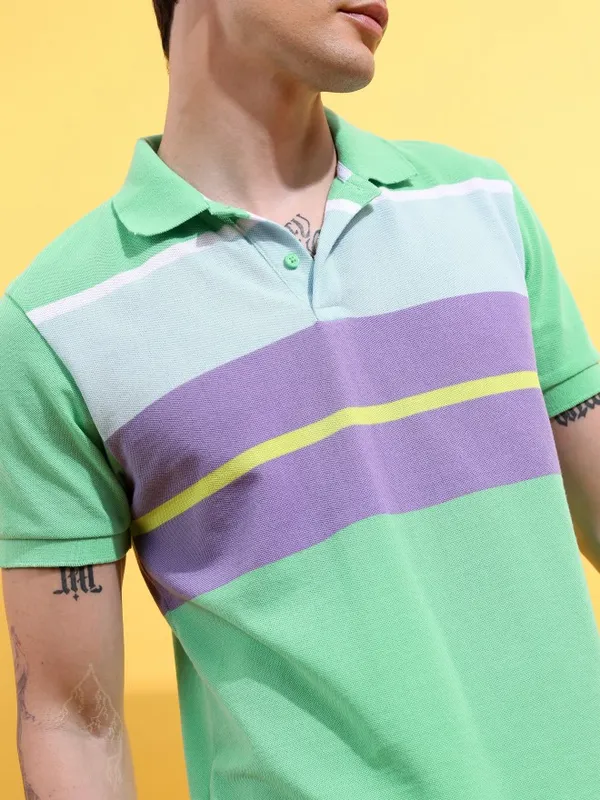  Highlander Men Green Striped Polo Collar Polo T-Shirts