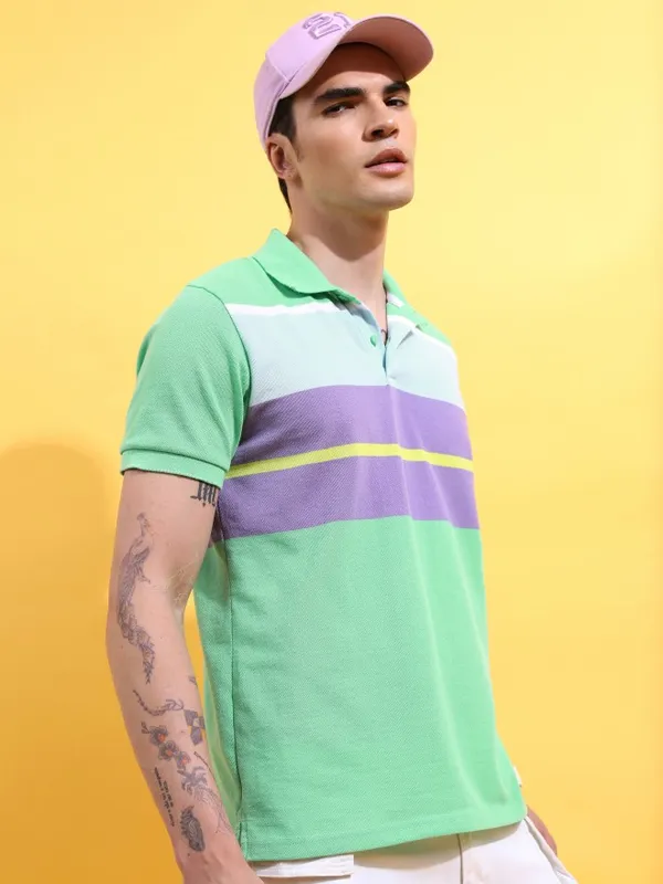  Highlander Men Green Striped Polo Collar Polo T-Shirts
