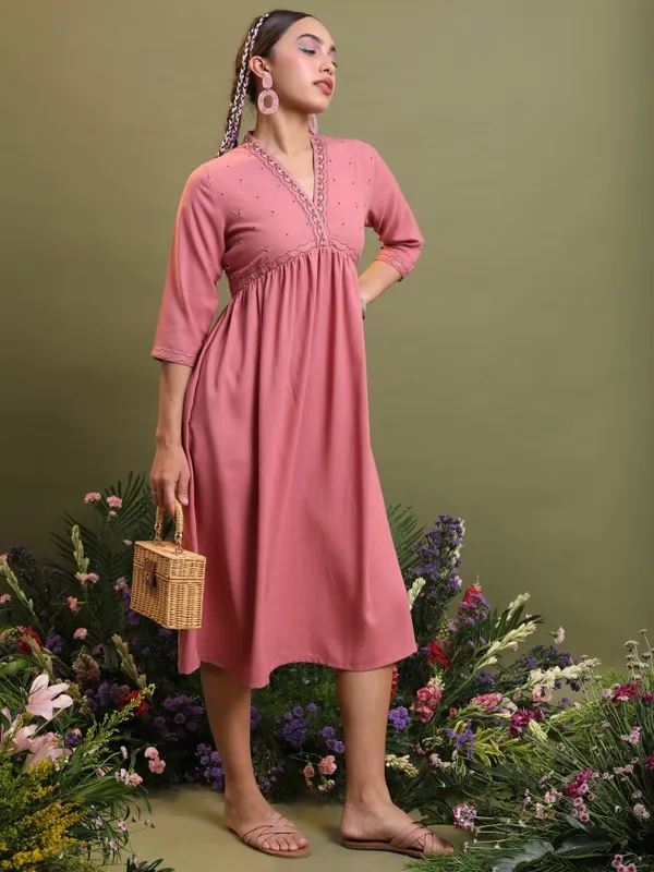  Vishudh Women Pink Self Design A-Line Ethnic Dresses