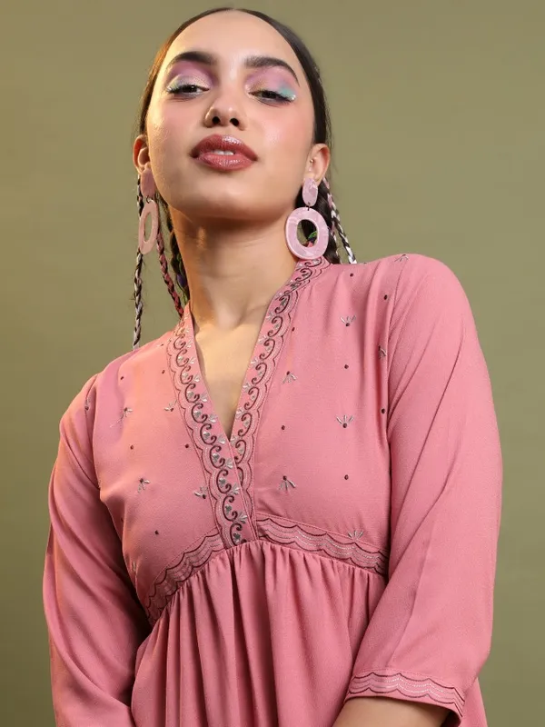  Vishudh Women Pink Self Design A-Line Ethnic Dresses