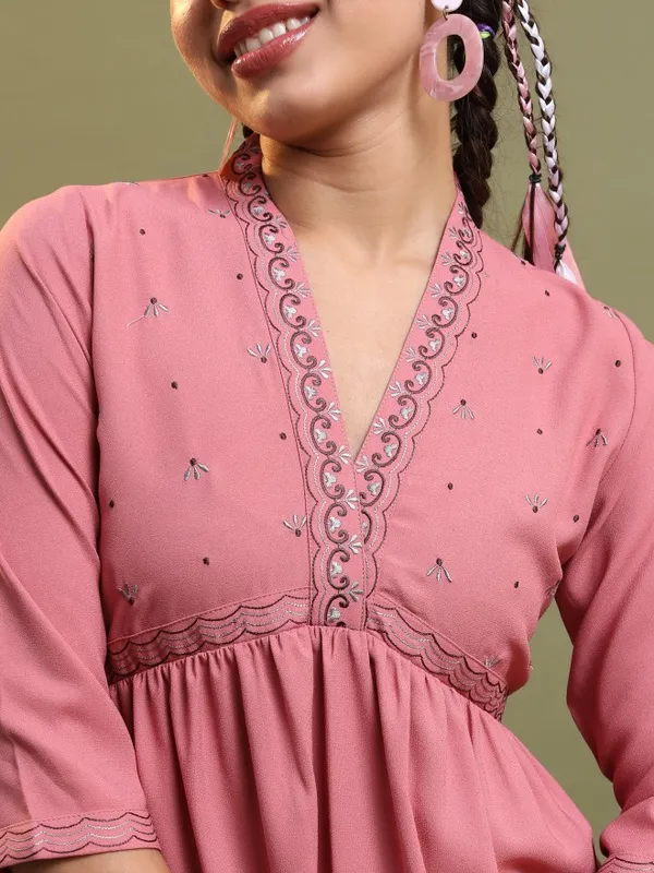  Vishudh Women Pink Self Design A-Line Ethnic Dresses