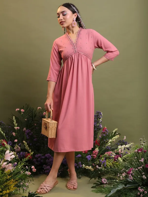  Vishudh Women Pink Self Design A-Line Ethnic Dresses