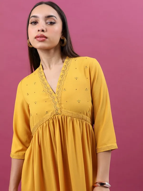  Vishudh Women Mustard Embroidered A-Line Dresses