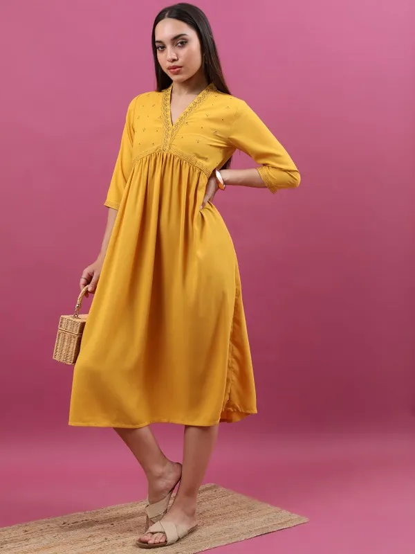  Vishudh Women Mustard Embroidered A-Line Dresses