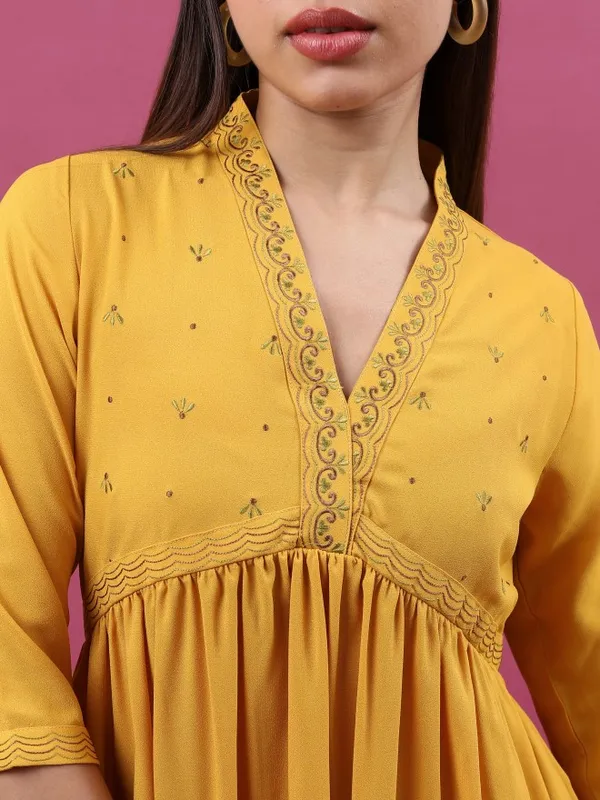  Vishudh Women Mustard Embroidered A-Line Dresses