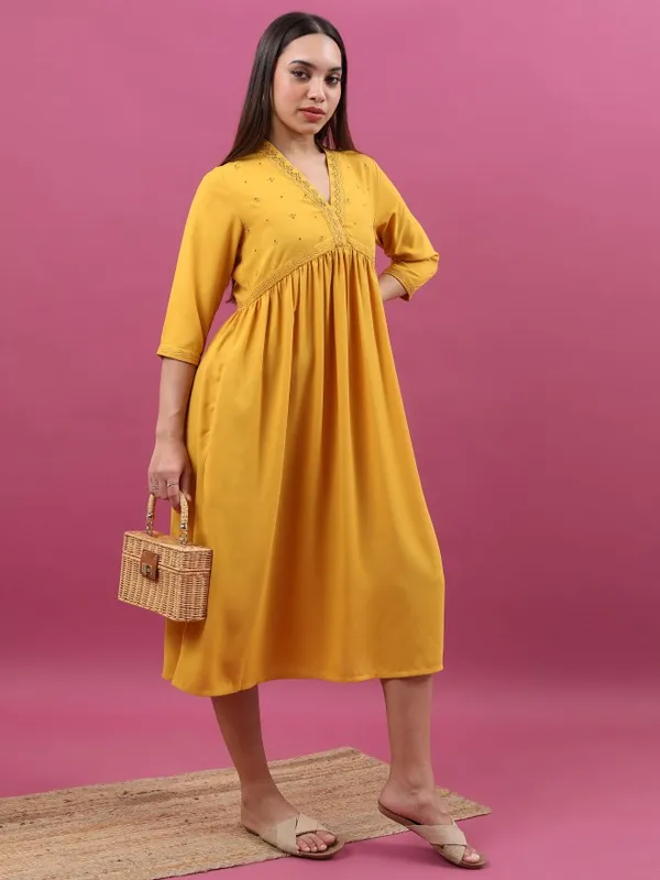  Vishudh Women Mustard Embroidered A-Line Dresses