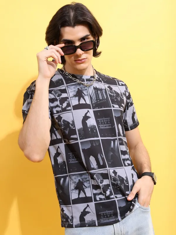  Highlander Men Grey Printed Round Neck T-Shirts