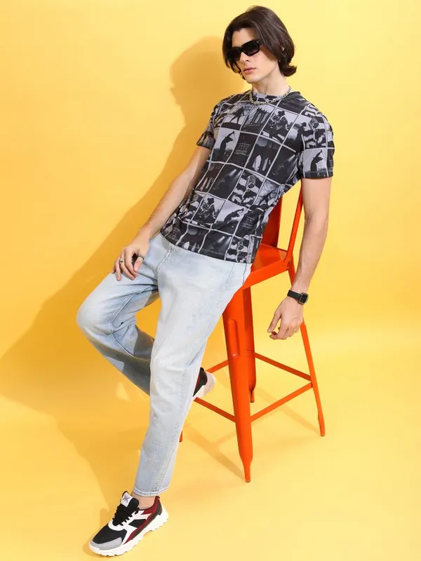  Highlander Men Grey Printed Round Neck T-Shirts