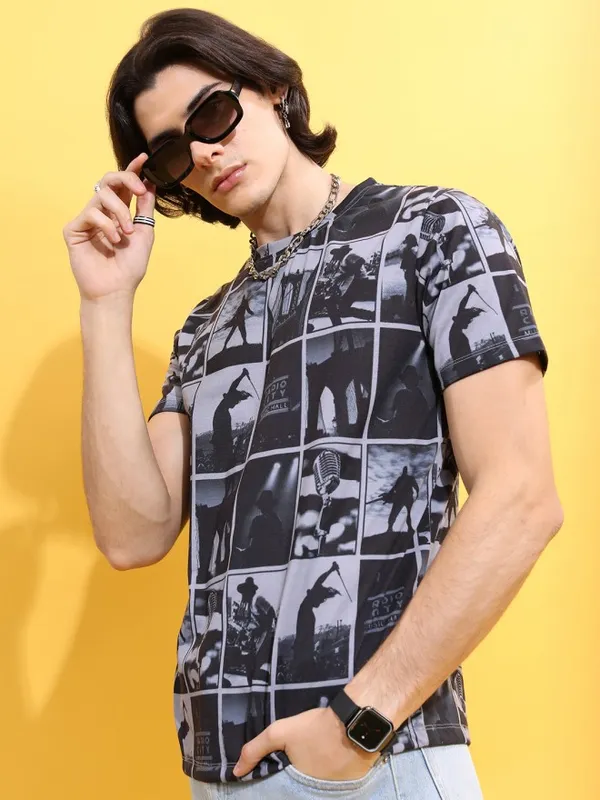  Highlander Men Grey Printed Round Neck T-Shirts