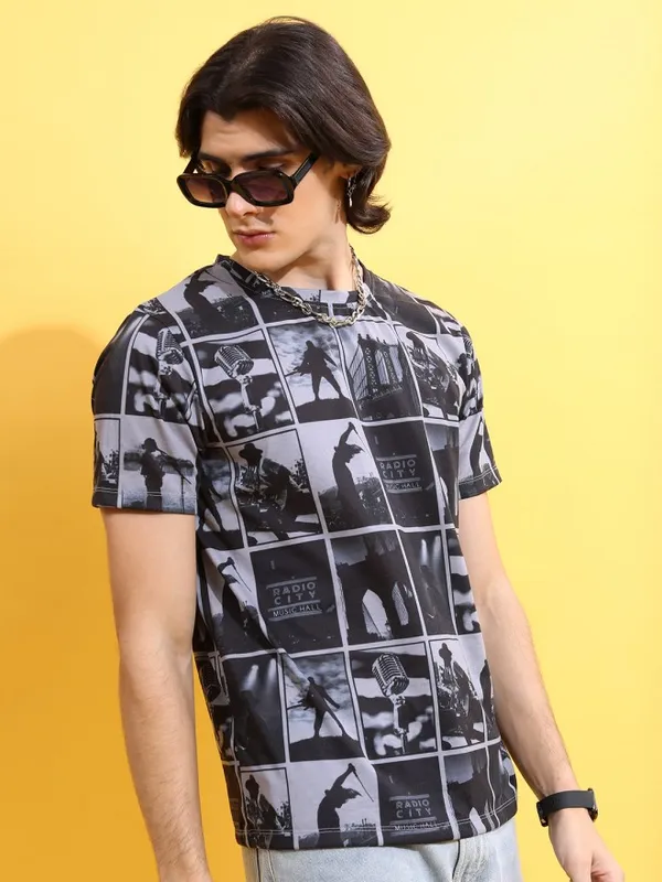  Highlander Men Grey Printed Round Neck T-Shirts