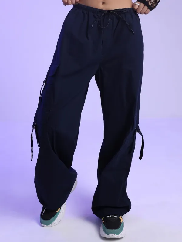  Tokyo Talkies Women Navy Blue Solid Loose Fit Casual Trousers