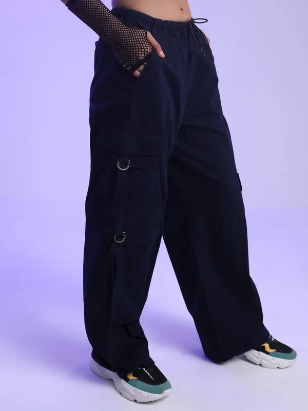  Tokyo Talkies Women Navy Blue Solid Loose Fit Casual Trousers