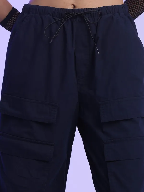  Tokyo Talkies Women Navy Blue Solid Loose Fit Casual Trousers