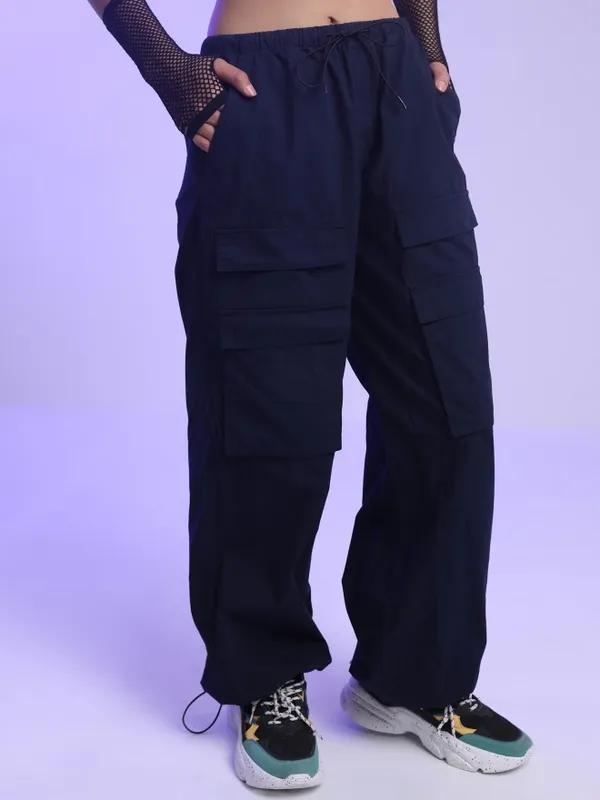  Tokyo Talkies Women Navy Blue Solid Loose Fit Casual Trousers