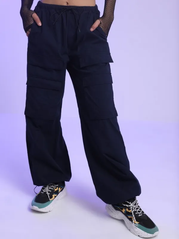  Tokyo Talkies Women Navy Blue Solid Loose Fit Casual Trousers