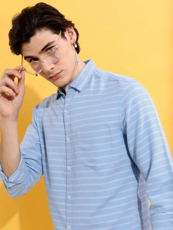  Ketch Men Blue Striped Slim Fit Casual Shirts