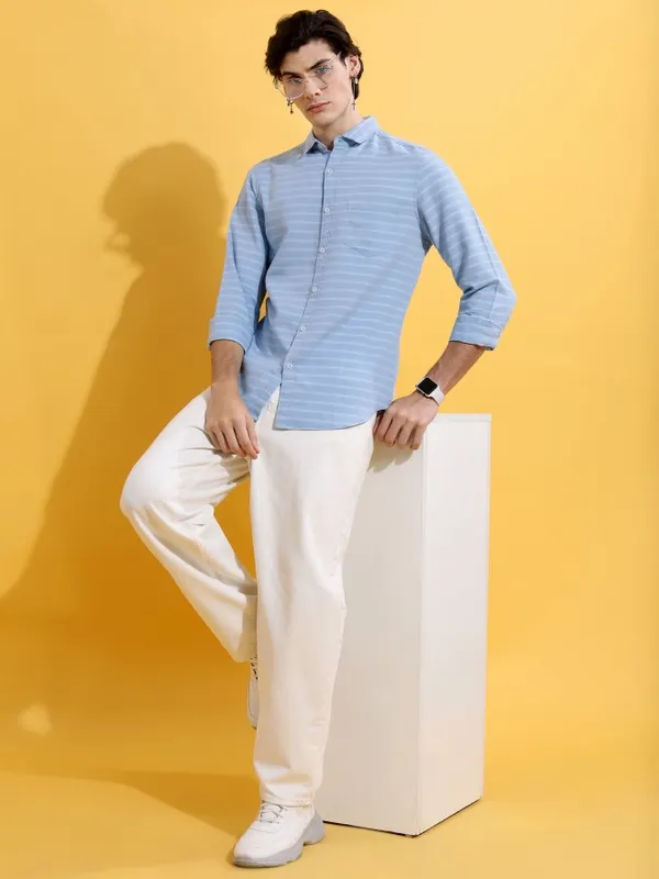  Ketch Men Blue Striped Slim Fit Casual Shirts