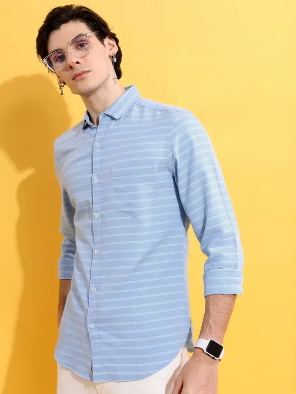  Ketch Men Blue Striped Slim Fit Casual Shirts