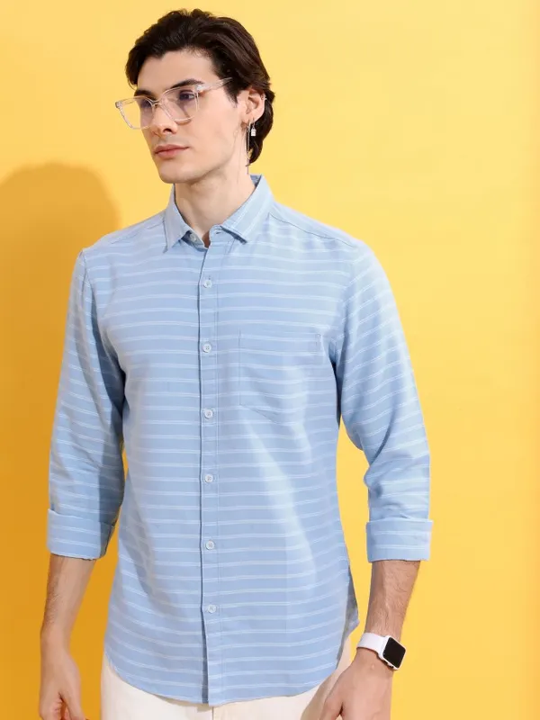  Ketch Men Blue Striped Slim Fit Casual Shirts