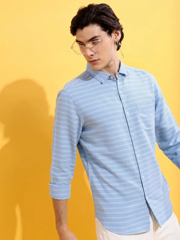  Ketch Men Blue Striped Slim Fit Casual Shirts