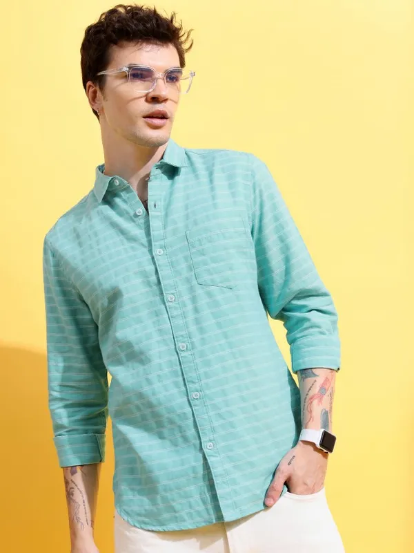  Ketch Men Green Striped Slim Fit Casual Shirts