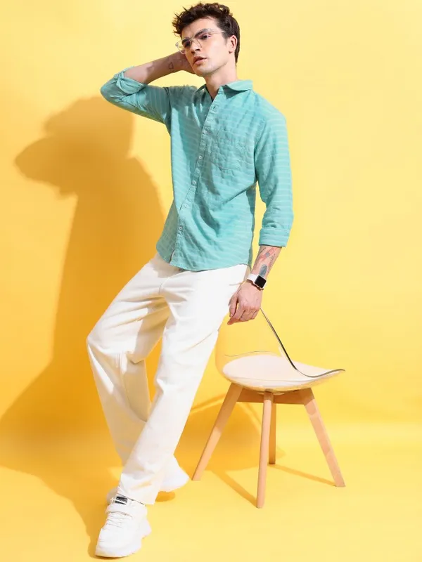  Ketch Men Green Striped Slim Fit Casual Shirts