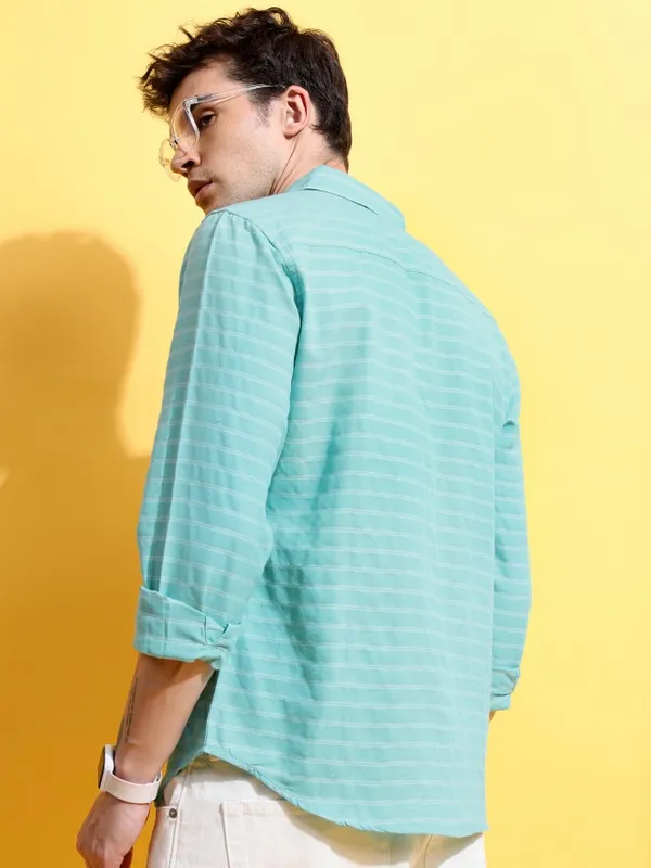  Ketch Men Green Striped Slim Fit Casual Shirts