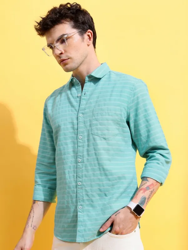  Ketch Men Green Striped Slim Fit Casual Shirts
