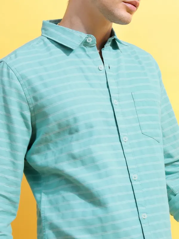  Ketch Men Green Striped Slim Fit Casual Shirts