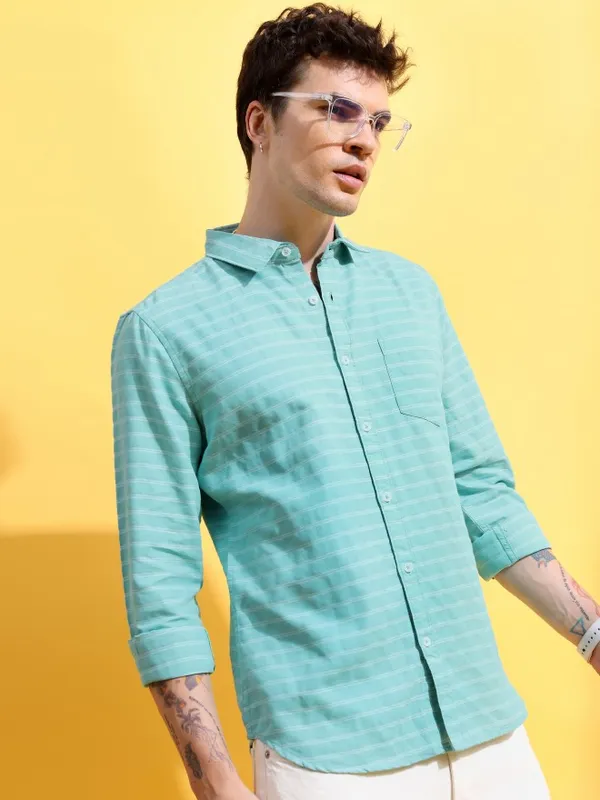  Ketch Men Green Striped Slim Fit Casual Shirts