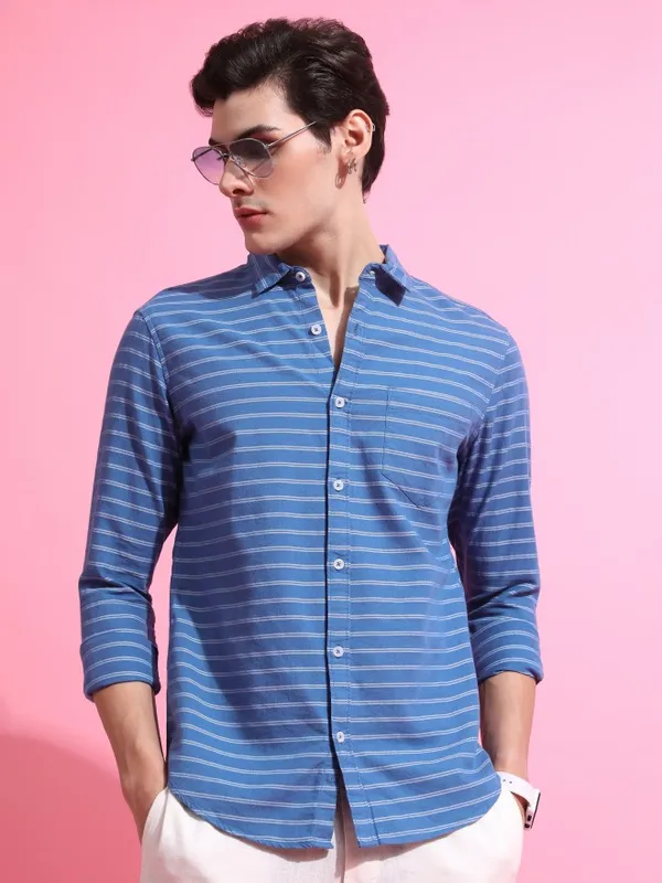  Ketch Men Blue Striped Slim Fit Casual Shirts