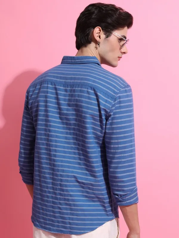  Ketch Men Blue Striped Slim Fit Casual Shirts