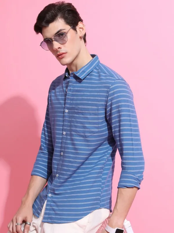  Ketch Men Blue Striped Slim Fit Casual Shirts