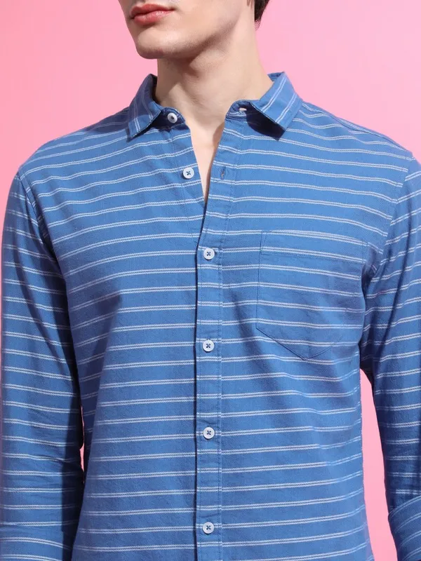  Ketch Men Blue Striped Slim Fit Casual Shirts