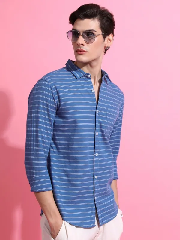  Ketch Men Blue Striped Slim Fit Casual Shirts