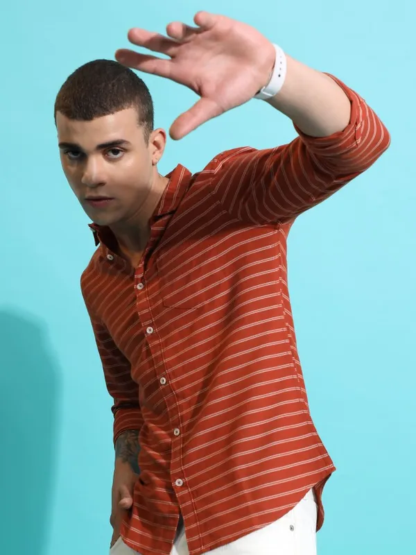  Ketch Men Terracotta Striped Slim Fit Casual Shirts