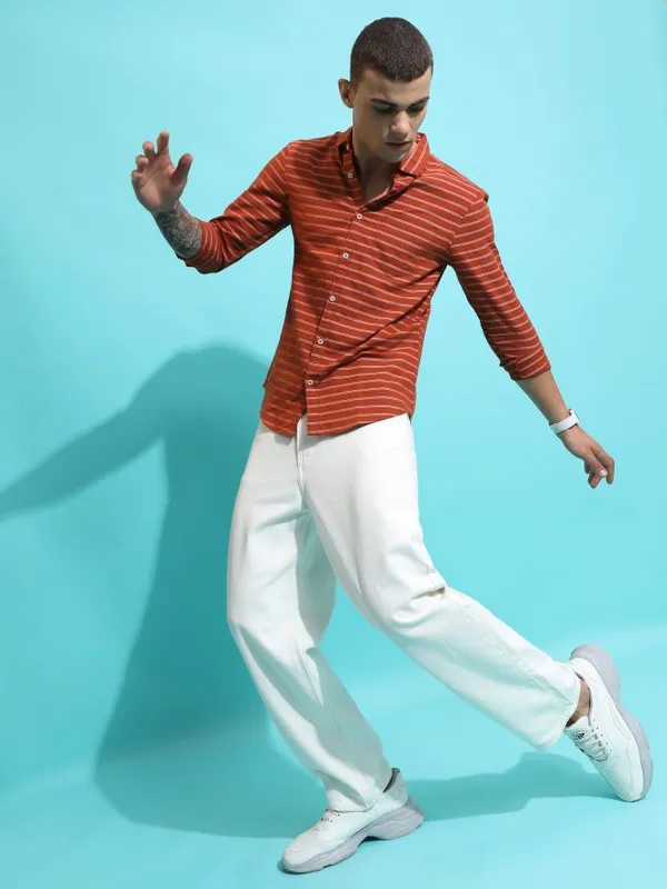  Ketch Men Terracotta Striped Slim Fit Casual Shirts
