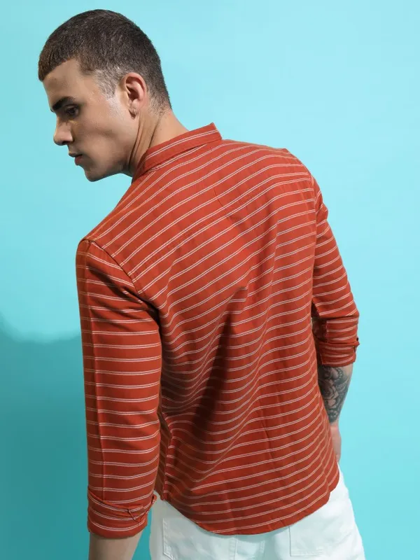  Ketch Men Terracotta Striped Slim Fit Casual Shirts