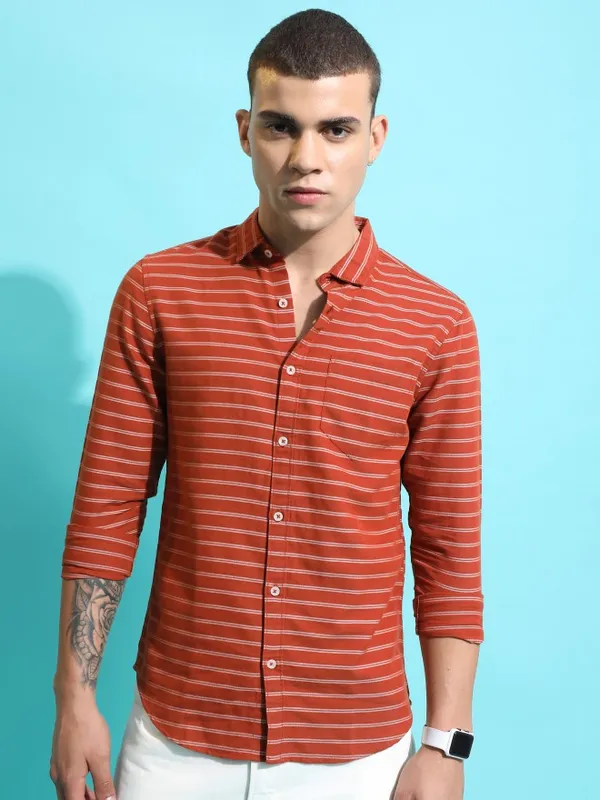  Ketch Men Terracotta Striped Slim Fit Casual Shirts